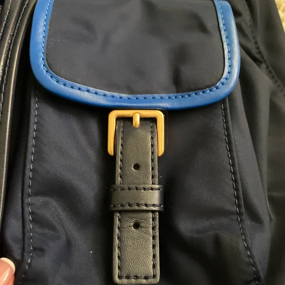 Tory Burch Navy Backpack with Tan Top Handle and Blue Trim